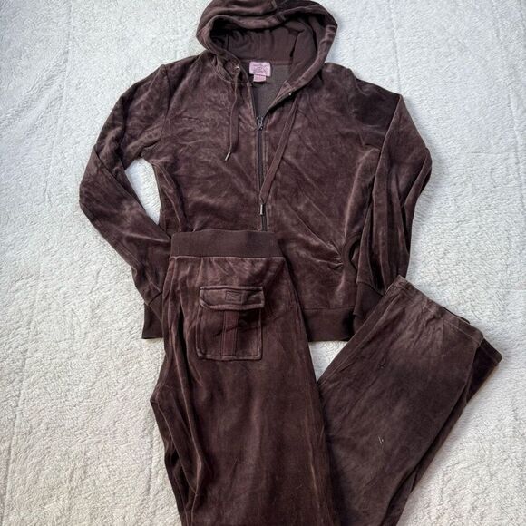 Vintage Y2K 2 Piece Velour Sweat Suit Brown Outfit - Picture 1 of 9
